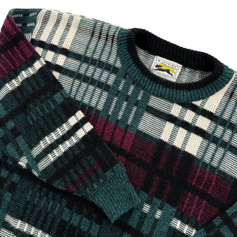 Vintage 90s Le Tigre Sweater Men L Green Plaid Acrylic Knit Crewneck Made in USA